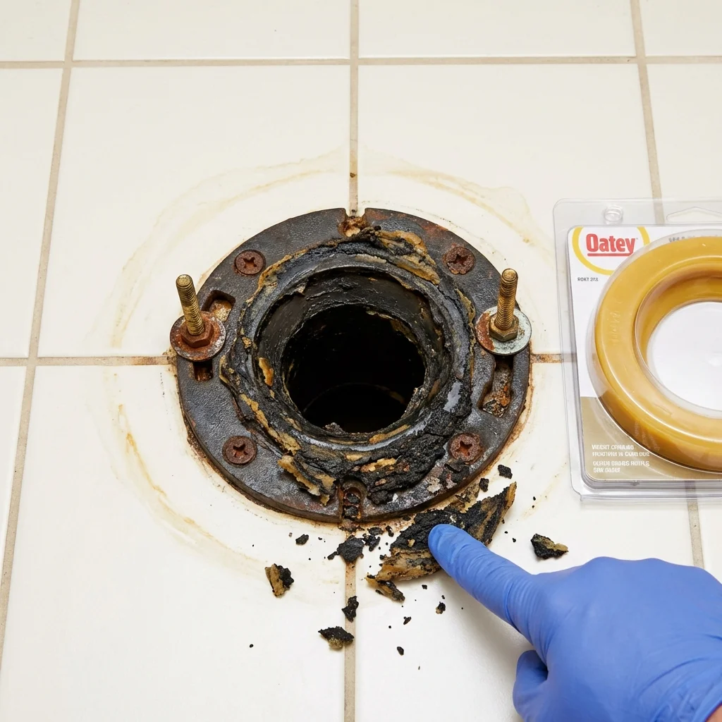 Failed wax ring showing water seepage at the base of a toilet in a Florence, TX home