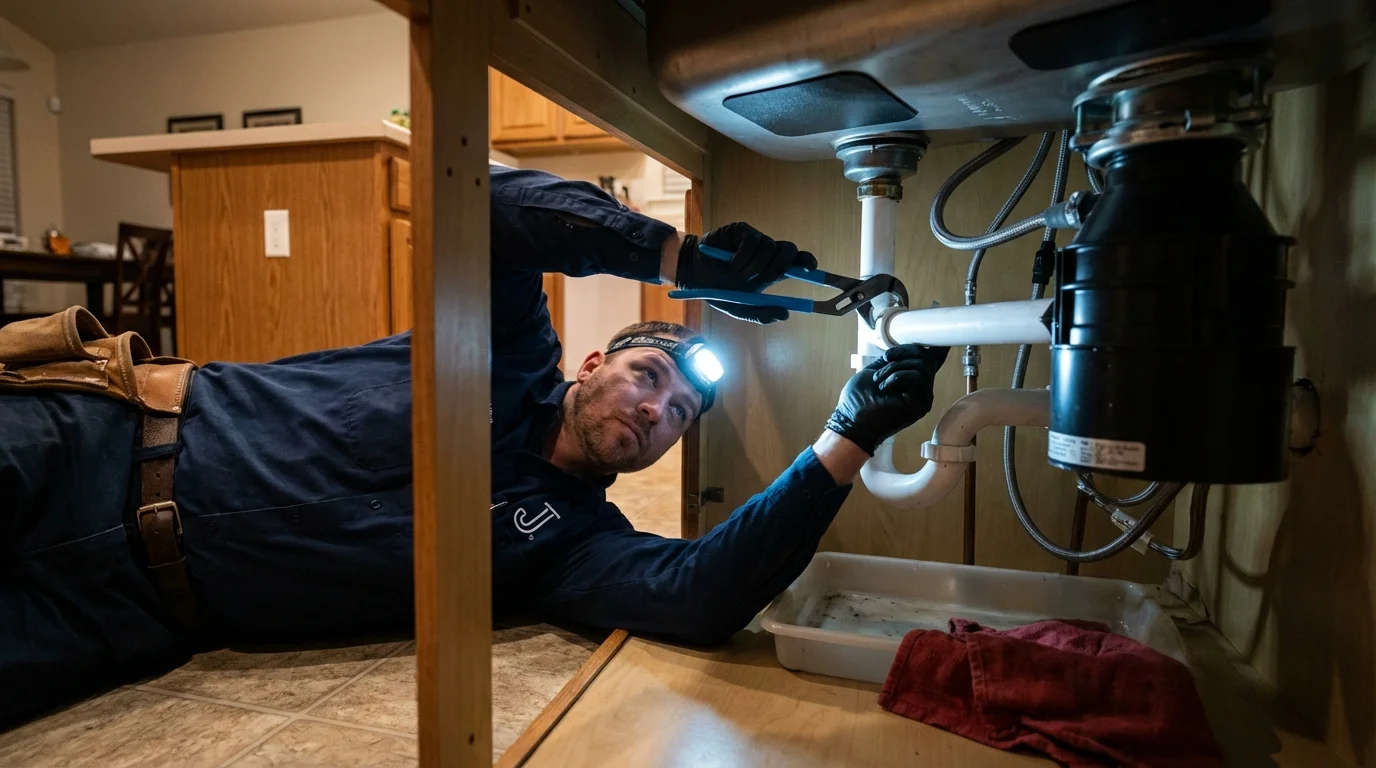 P-trap and supply line connections under a kitchen sink showing a common leak point in Florence, TX